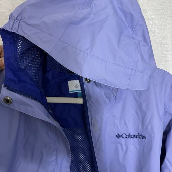 COLUMBIA OMNI TECH HOODED RAIN JACKET in Girl's size Large Purple Light Packable - Picture 11 of 12